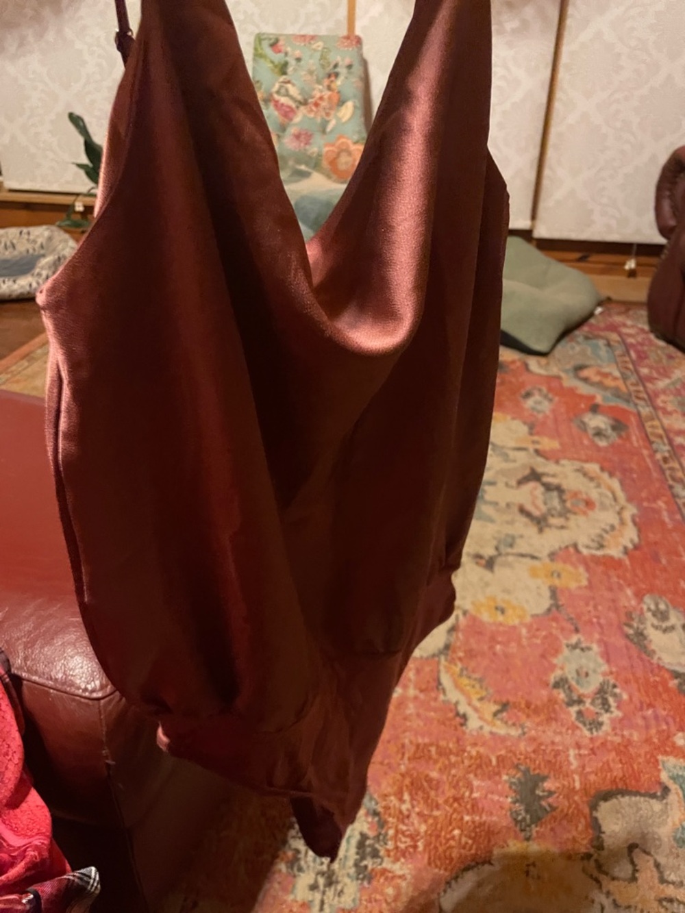 Lulu's Dusty Rose Brown Satin Cowel neck bodysuit, Size S